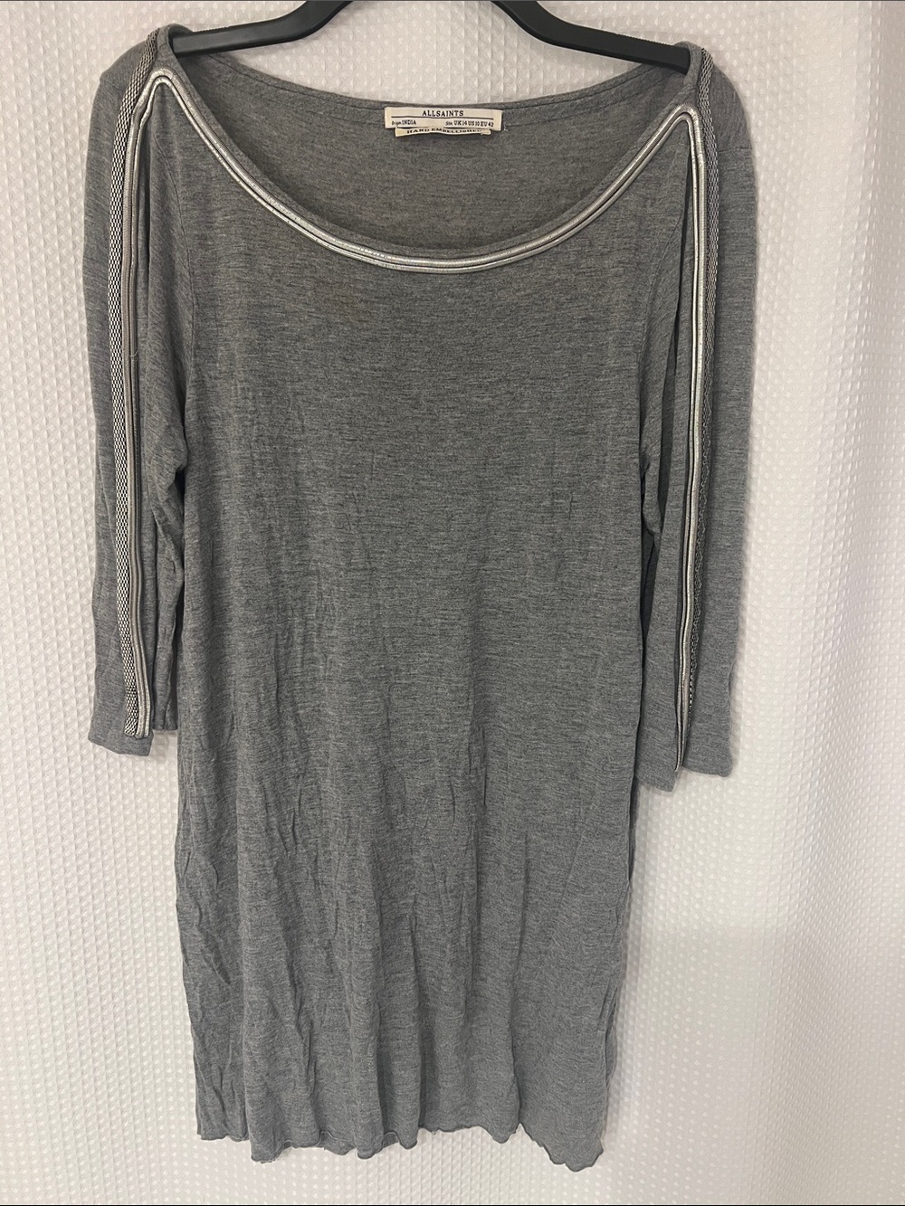AllSaints Grey Ribbed Knit Top with Embellished Neck-women’s-526-092